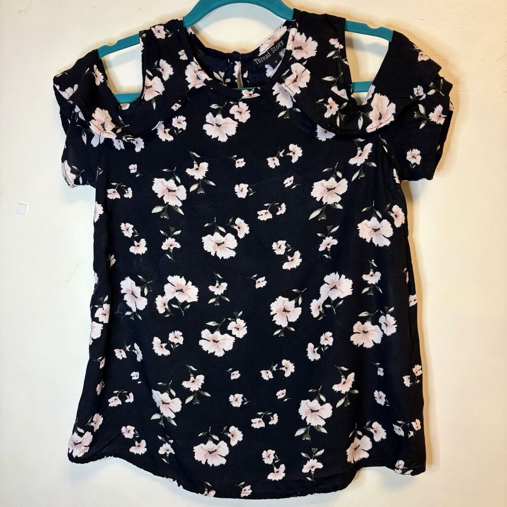 Thread Story Black Floral Cold Shoulder Top Women’s Size Medium